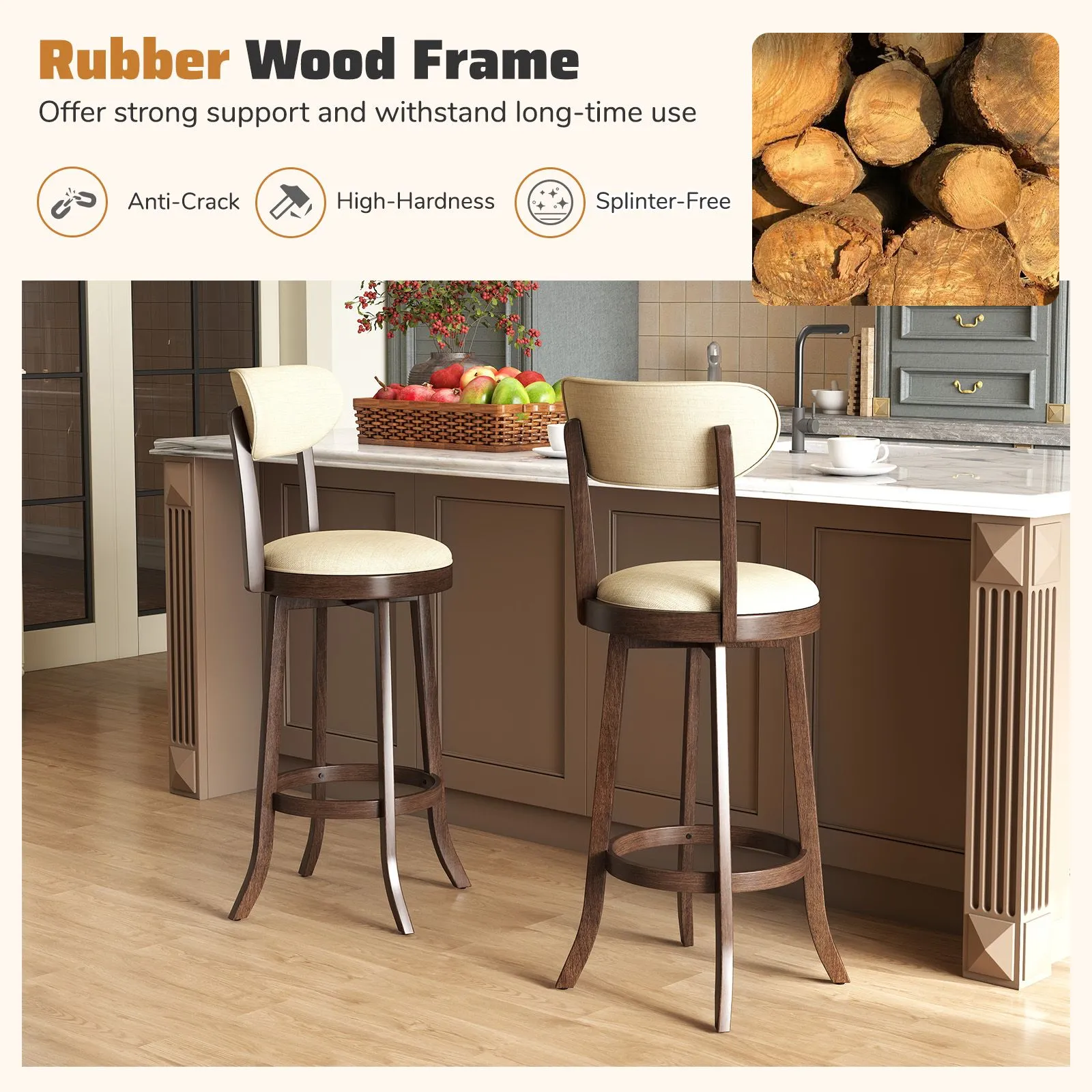 Costway 77CM Counter Height Chairs Set of 2 Swivel High Stool in Beige 6