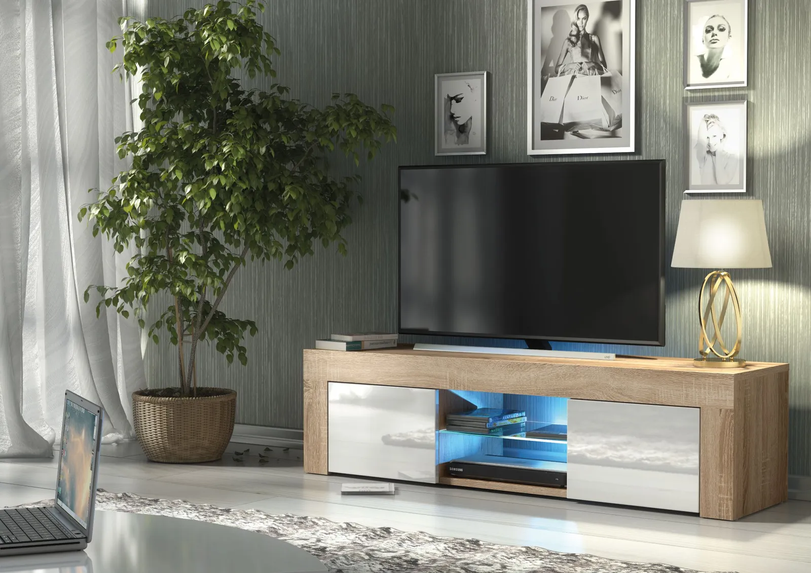 Creative Furniture Loom TV Unit 130cm - A Minimalist & Sophisticated Cabinet with Gloss Doors & LED Lights in Light Oak 2