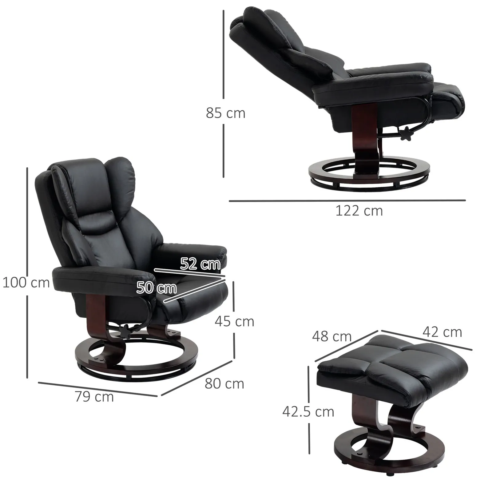 HOMCOM Padded PU Leather Manual Reclining Armchair Sofa Chair w/ Footstool in Black 3
