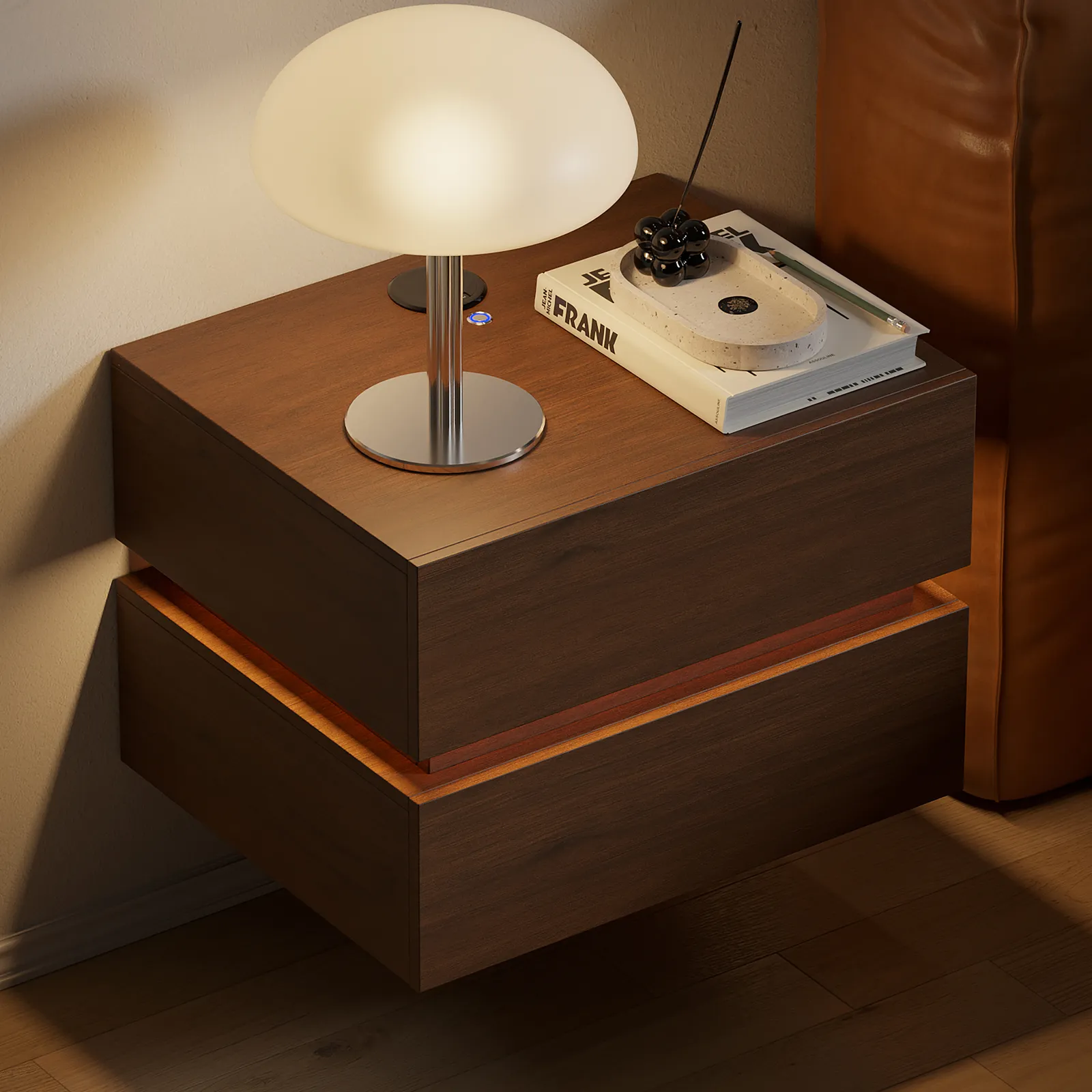 Floating Smart LED Nightstand Wireless Charging Station Bedside Table with Light White