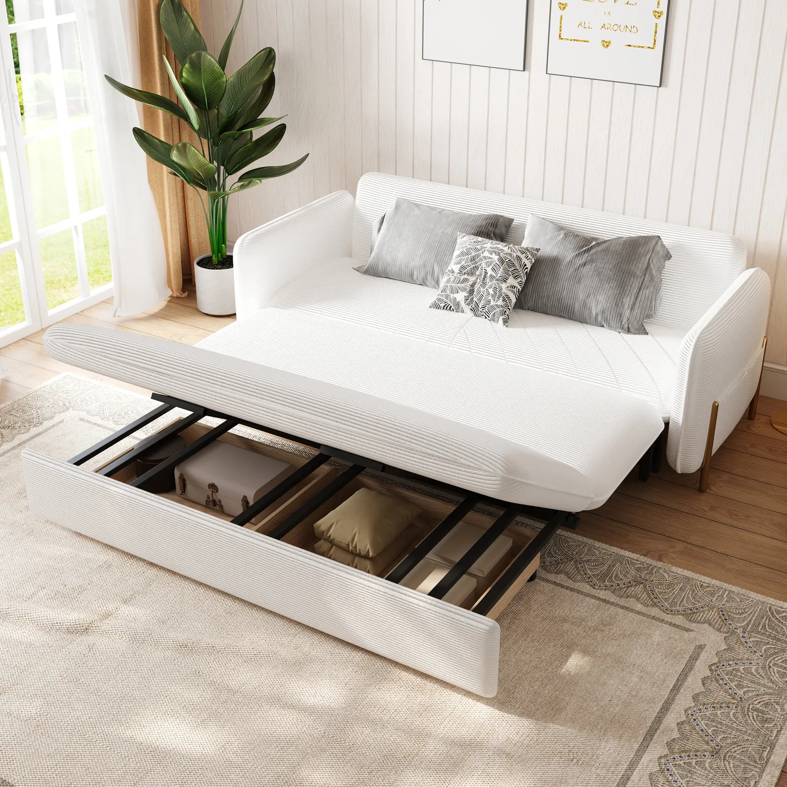 2000mm King Sleeper Sofa Beige Upholstered Convertible Sofa Bed