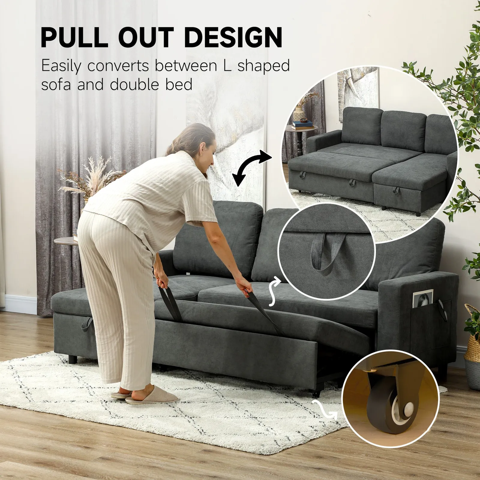 HOMCOM Pull Out Sofa Bed L Shape Corner Sofa w/ Reversible Chaise in Dark Grey 4