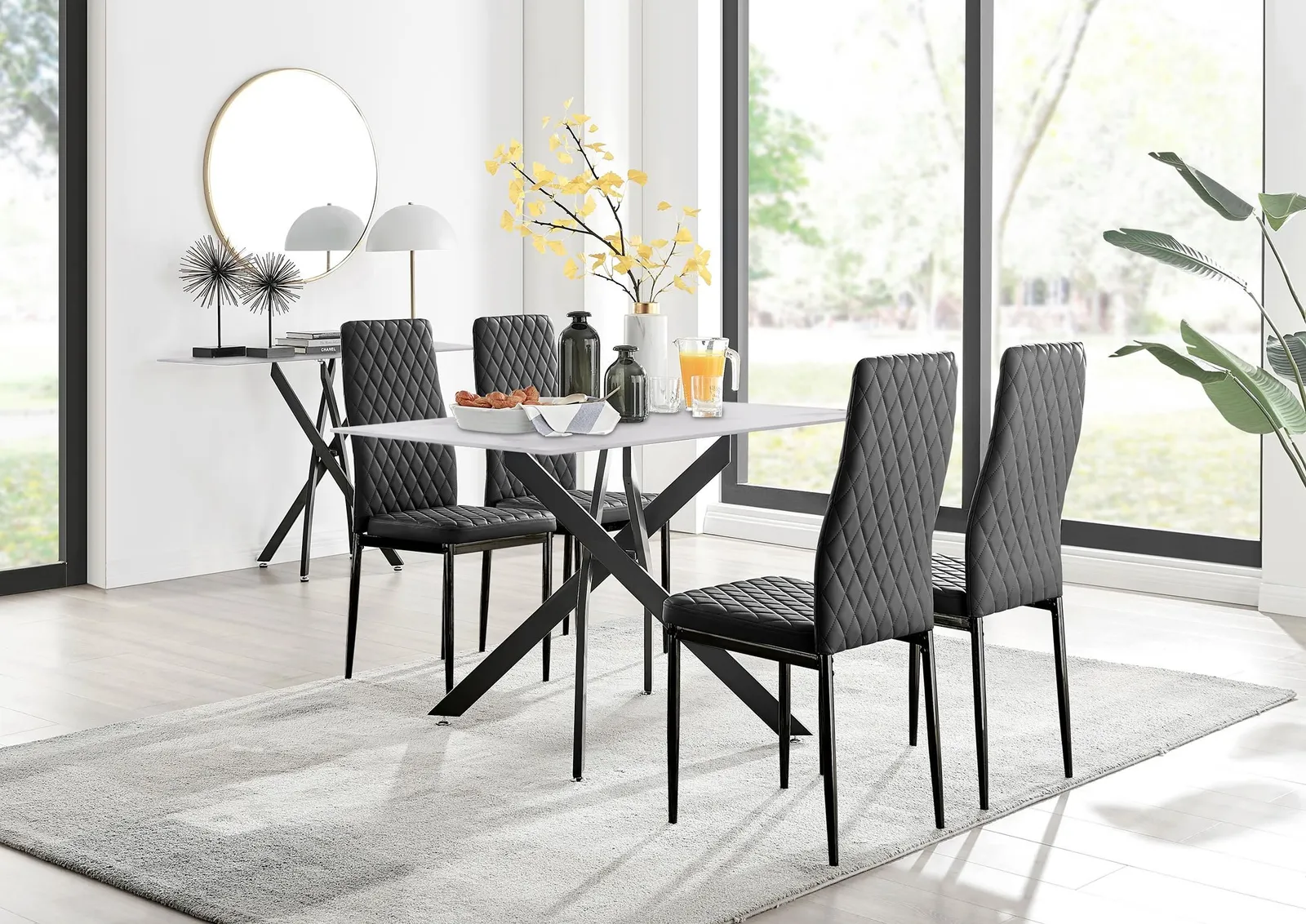 FurnitureboxUK Leonardo White Glass Marble Effect Black Leg Table & 4 Milan Black Leg Chairs 1