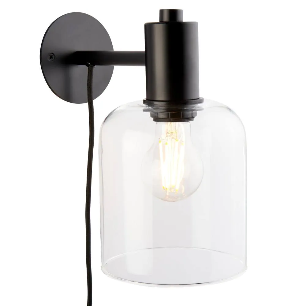 First Choice Lighting Set of 2 Maxton - Black with Clear Glass Plug In Wall Lamps 2