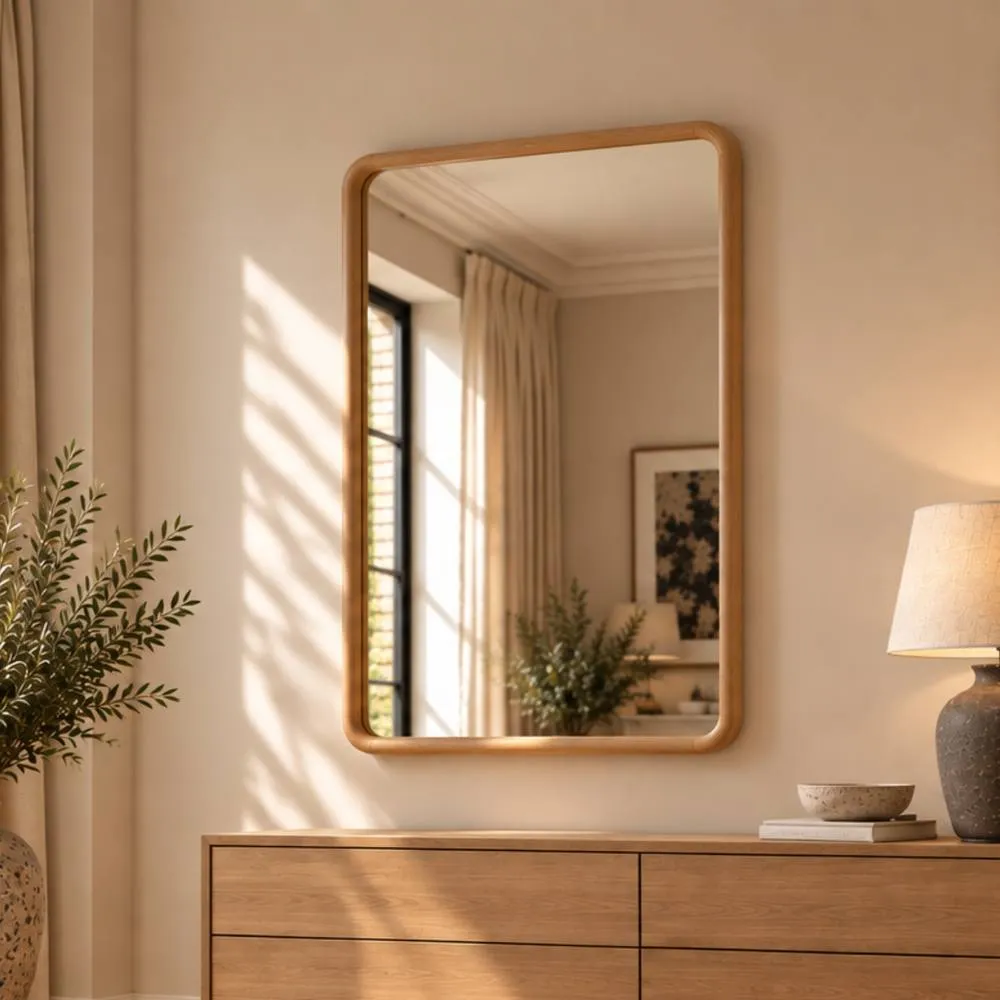 Yearn Mirrors Oak Framed Curved Wall Mirror 90x60cm in Natural 2