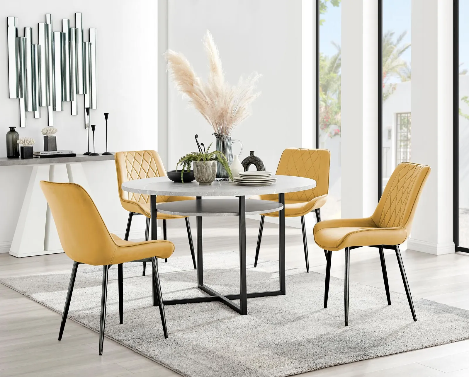FurnitureboxUK Adley Grey Concrete Effect & Black Round Dining Table with Shelf & 4 Velvet Pesaro Dining Chairs in Mustard 1