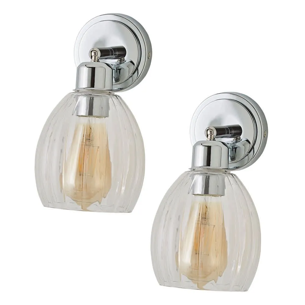 ValueLights Cheltenham Pair of Ribbed Glass Dome Spotlight Wall Lights with Bulbs in Metallic Silver 1