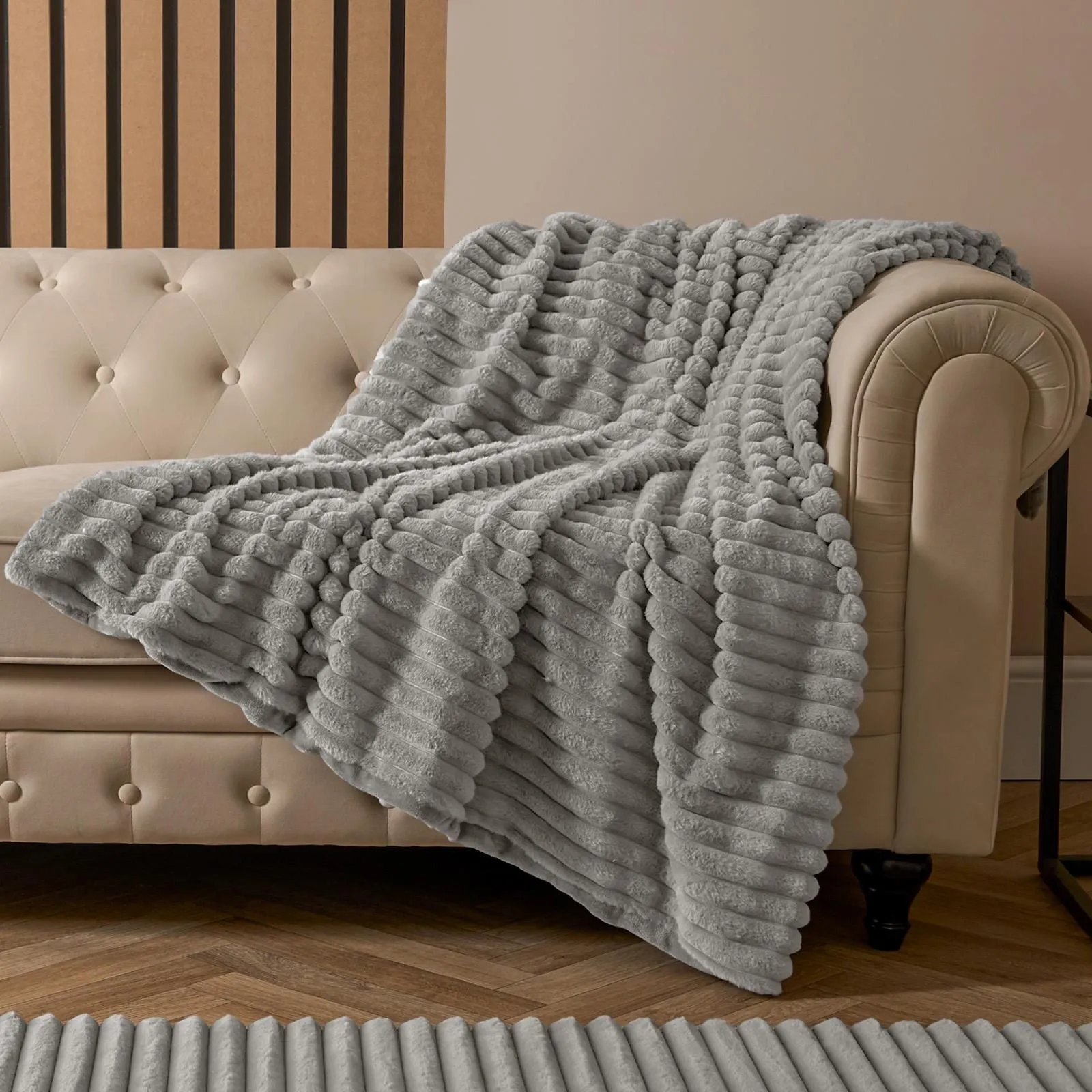 OHS Faux Fur Ribbed Fleece Throw Over Bed Blanket Winter Warm Supersoft in Light Grey