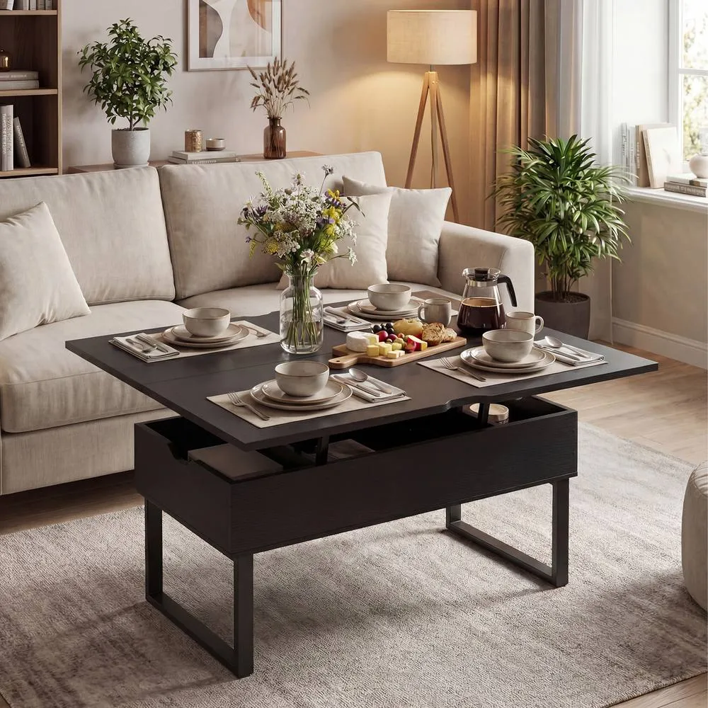Costway Lift Top Coffee Table 3-in-1 Convertible Coffee Table Cocktail Table in Black 3