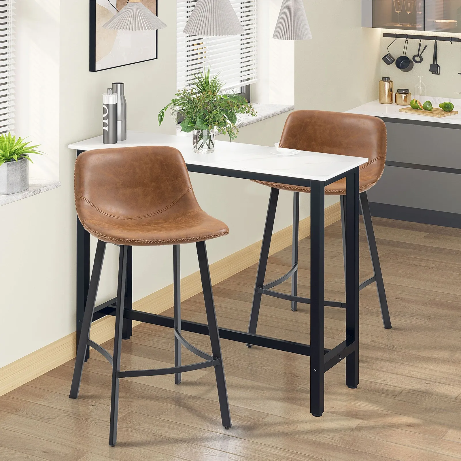 HOMCOM Industrial Bar Stools Set of 2, Upholstered Kitchen Stool in Brown