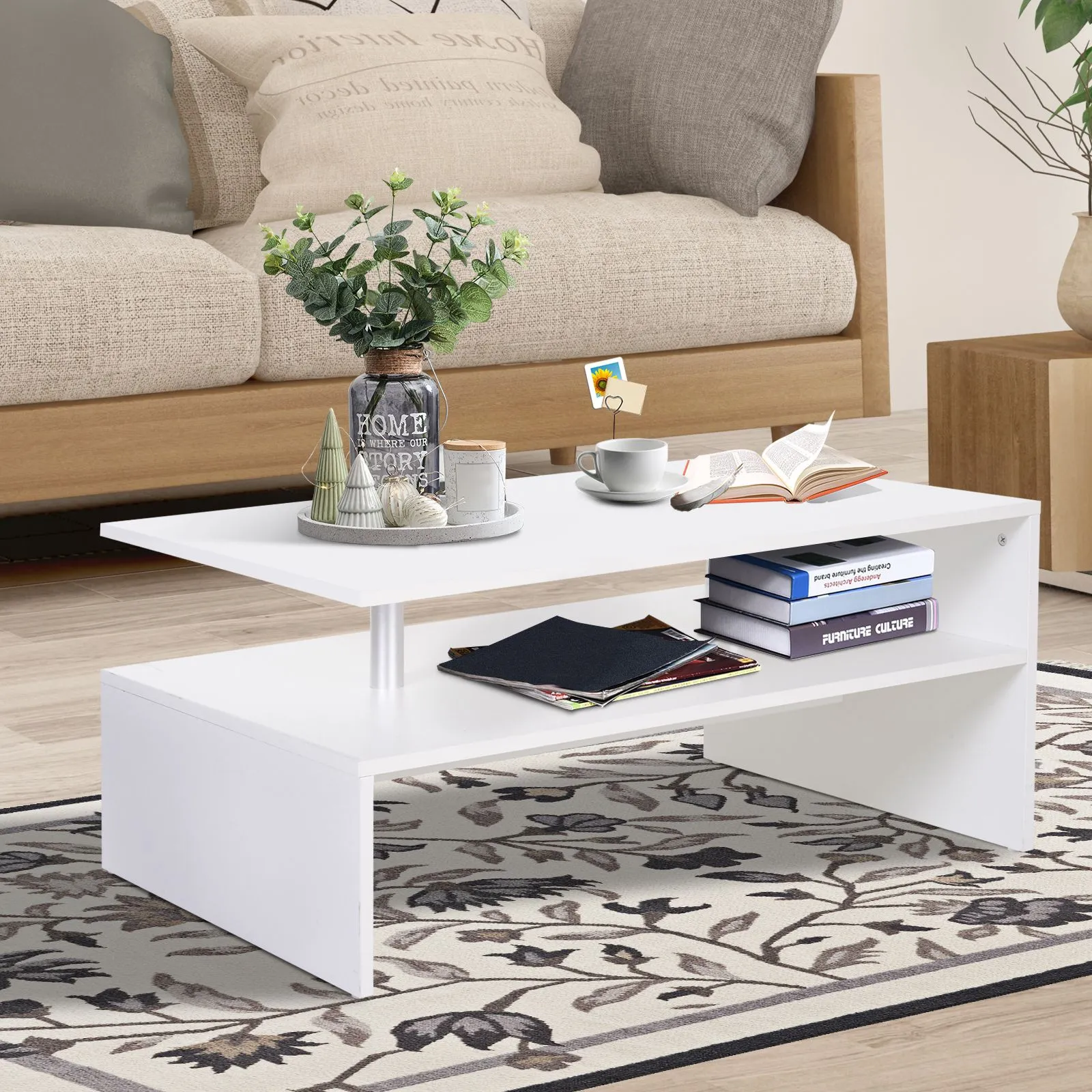 HOMCOM 2 Tier Coffee Table End/Side Table Modern Design Open Shelf in White