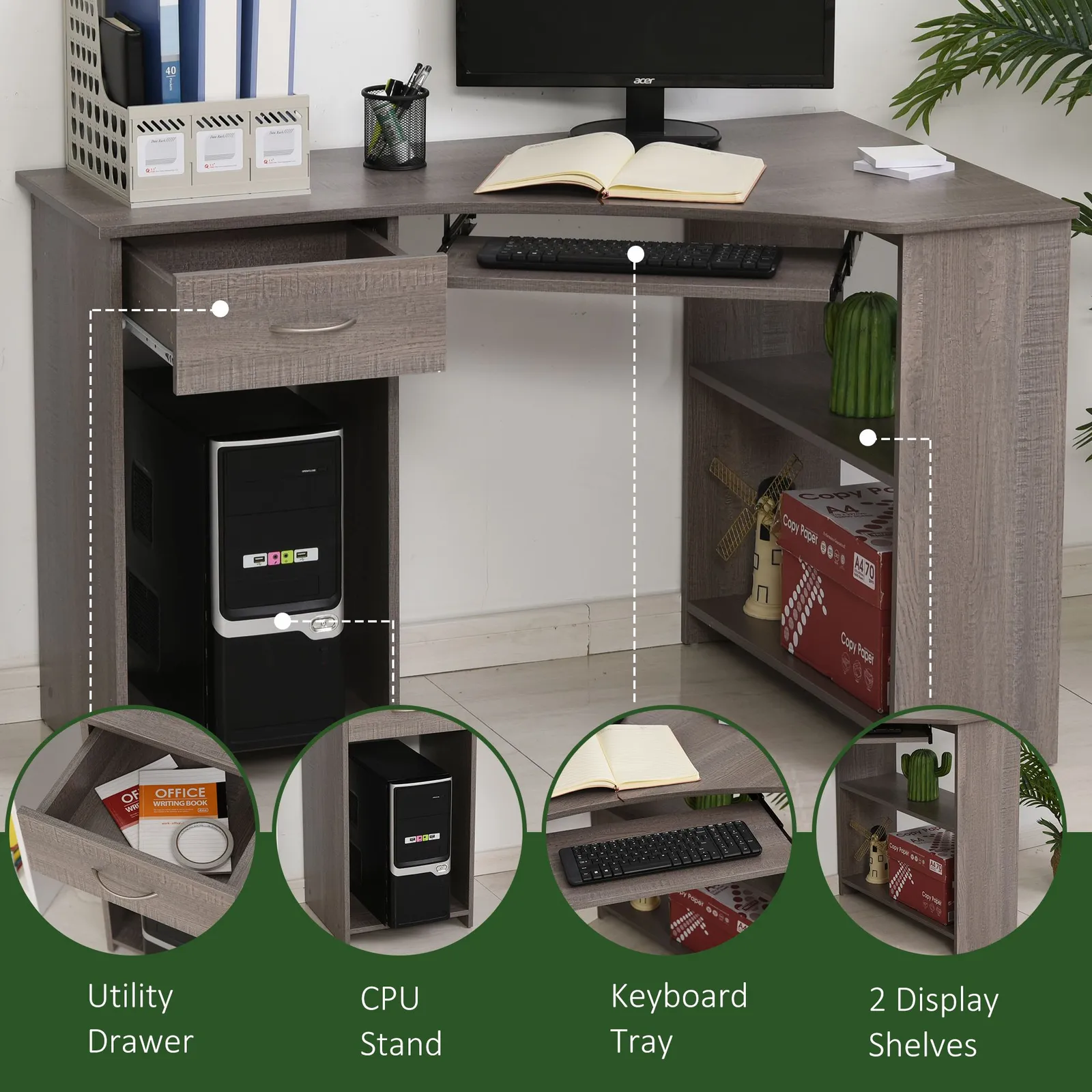 HOMCOM L-Shaped Corner Computer Desk w/ 2 Shelves Worktop Keyboard Tray in Grey 6