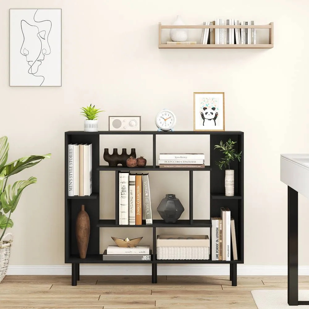 Costway Modern Geometric Bookcase Wooden Open Bookshelf Display Shelves in Black