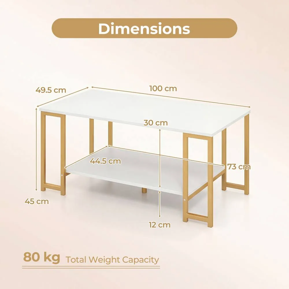 Costway 2-Tier Coffee Table Rectangular Cocktail Table Center Table w/ Shelf in White 2