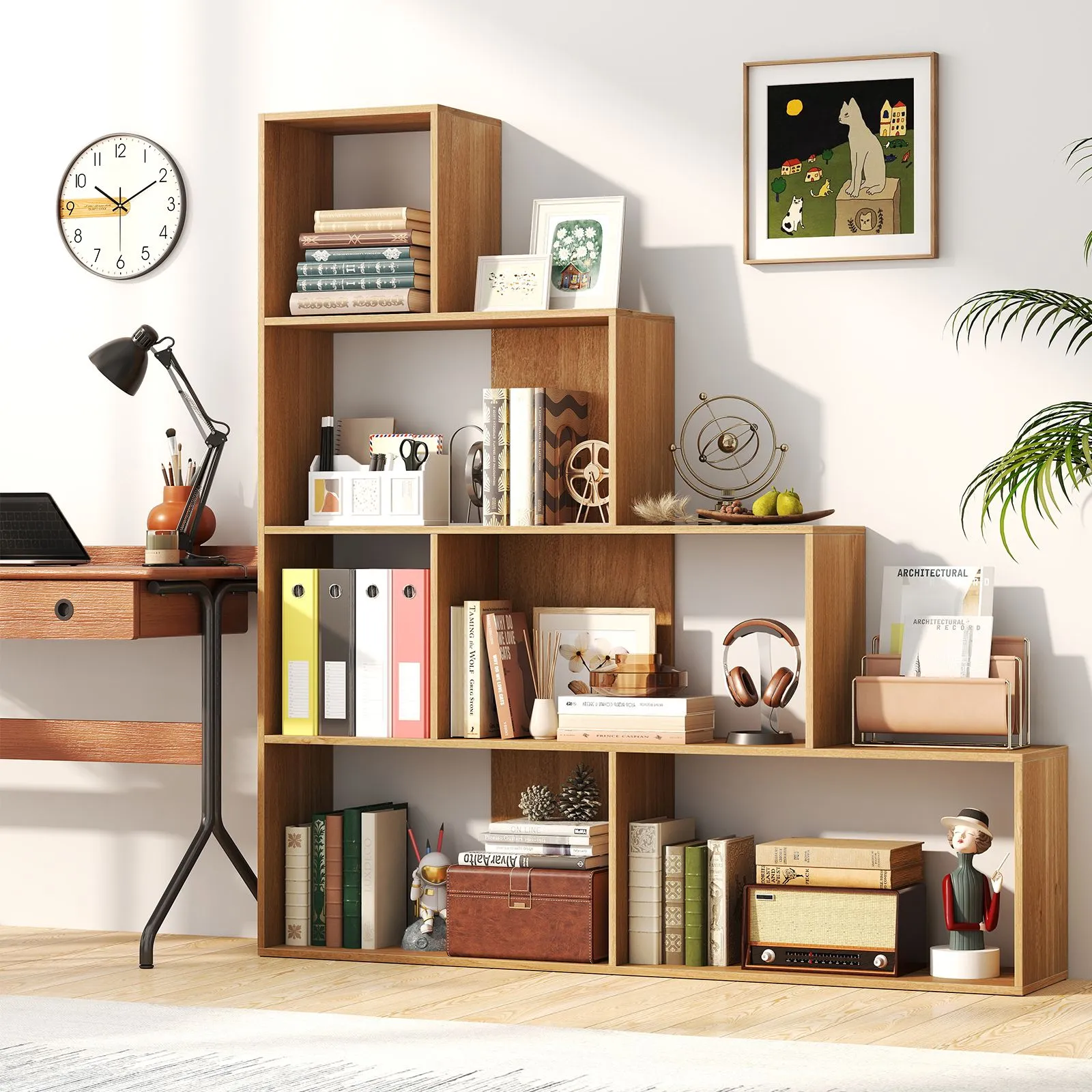 Costway 4-Tier Stepped Bookshelf Modern Ladder Bookcase w/6 Storage Cubes in Natural 6