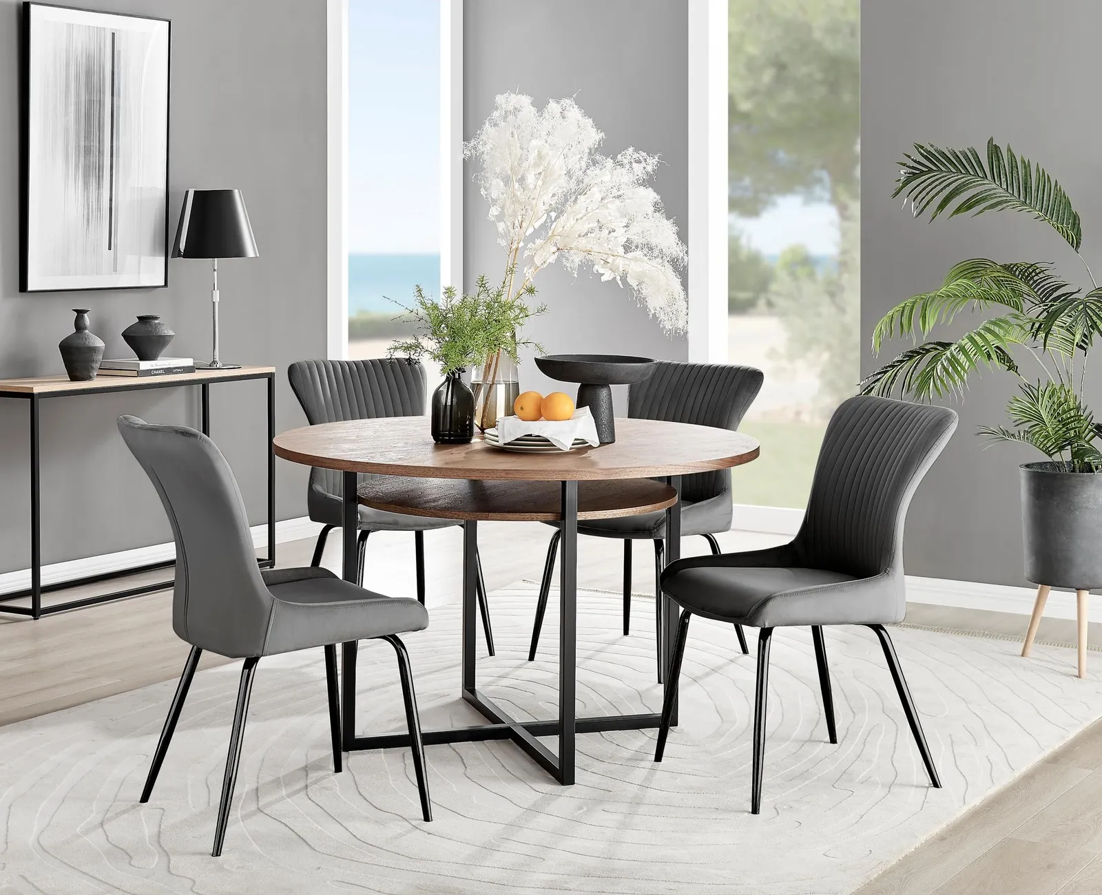 FurnitureboxUK Adley Brown Wood Storage Dining Table & 4 Nora Black Leg Chairs in Dark Grey 1