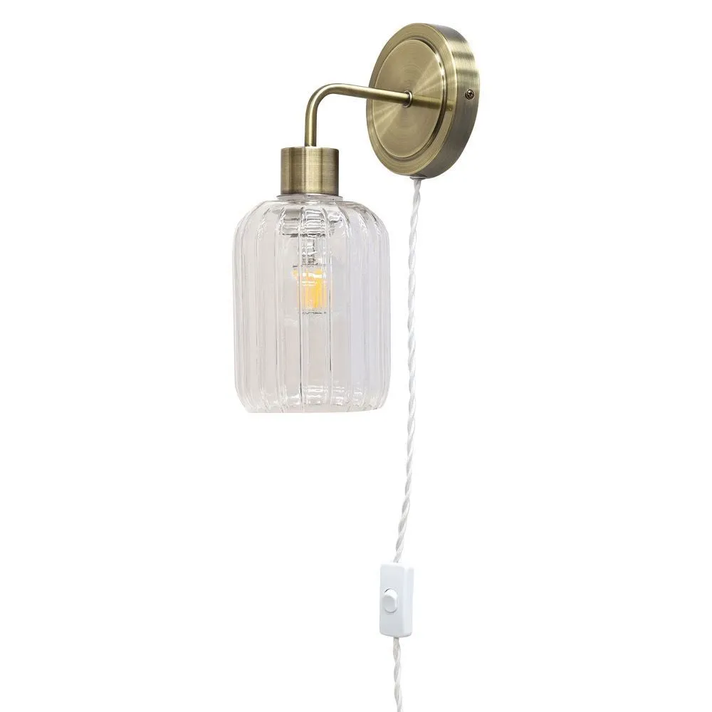 First Choice Lighting Toby - Antique Brass Plug in Wall Light & Lozenge Ribbed Glass Shade in Gold
