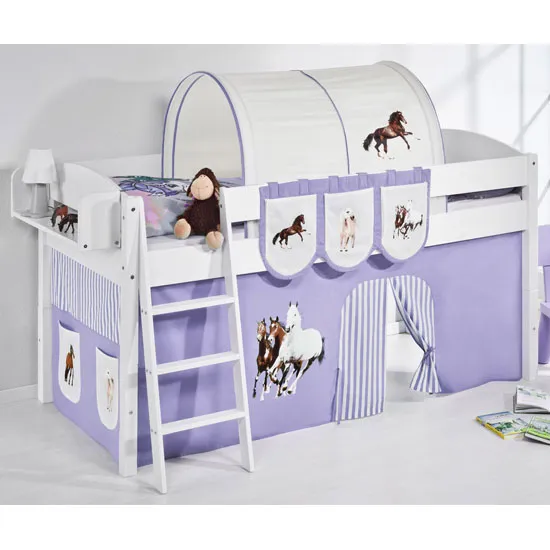 Lilla Children Bed In White With Horses Purple Curtains