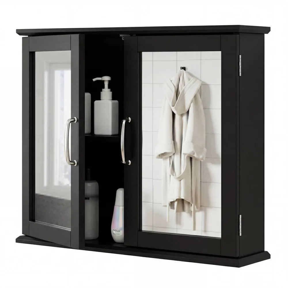 Costway Wall Mounted Bathroom Mirror Cabinet Wooden Storage Cupboard in Black