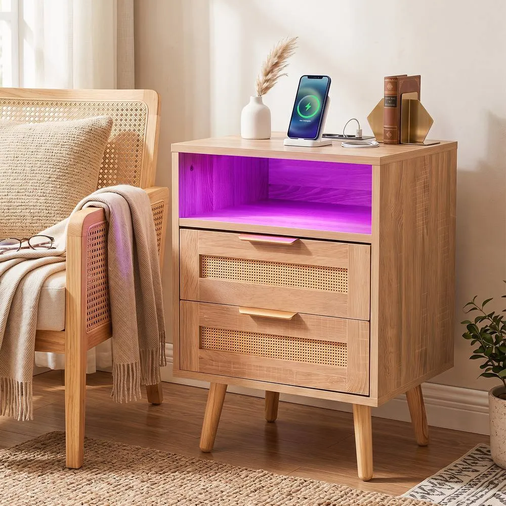 Costway Rattan Bedside Table with Charging Station & LED Lights in Natural 4