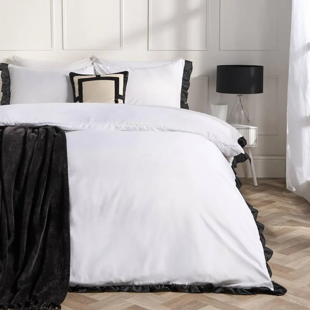 OHS Contrast Frill Edge Duvet Cover Set with Pillowcase Microfibre Bedding in White