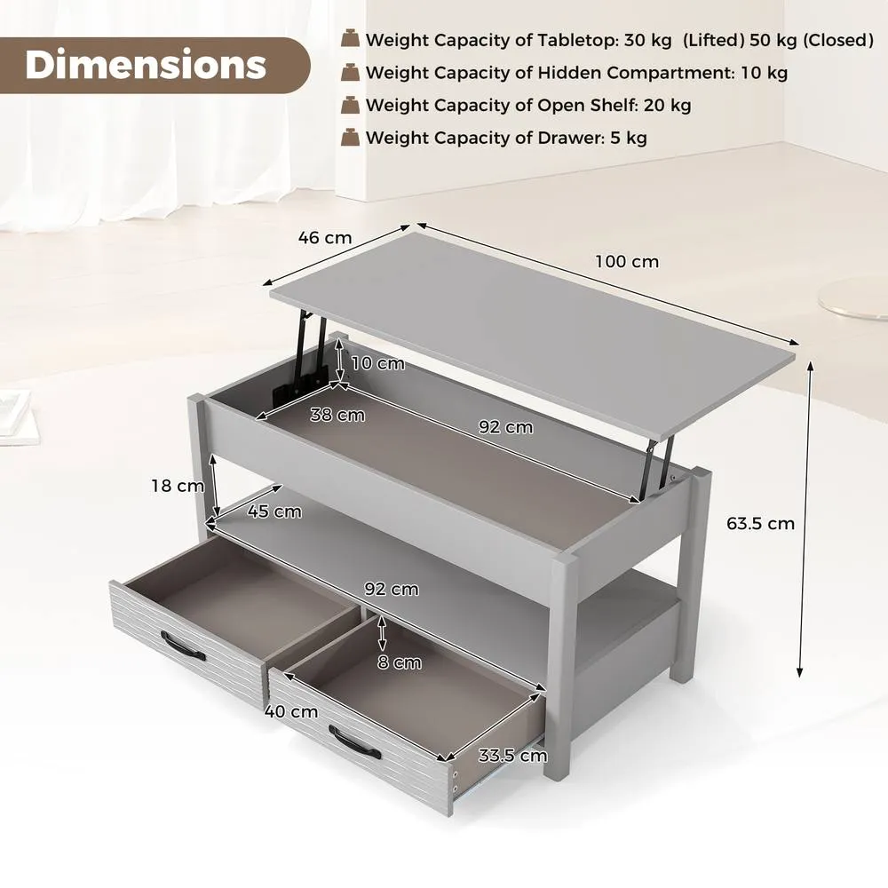 Costway Farmhouse Accent Table Lift Top Coffee Table with Storage in Grey 2