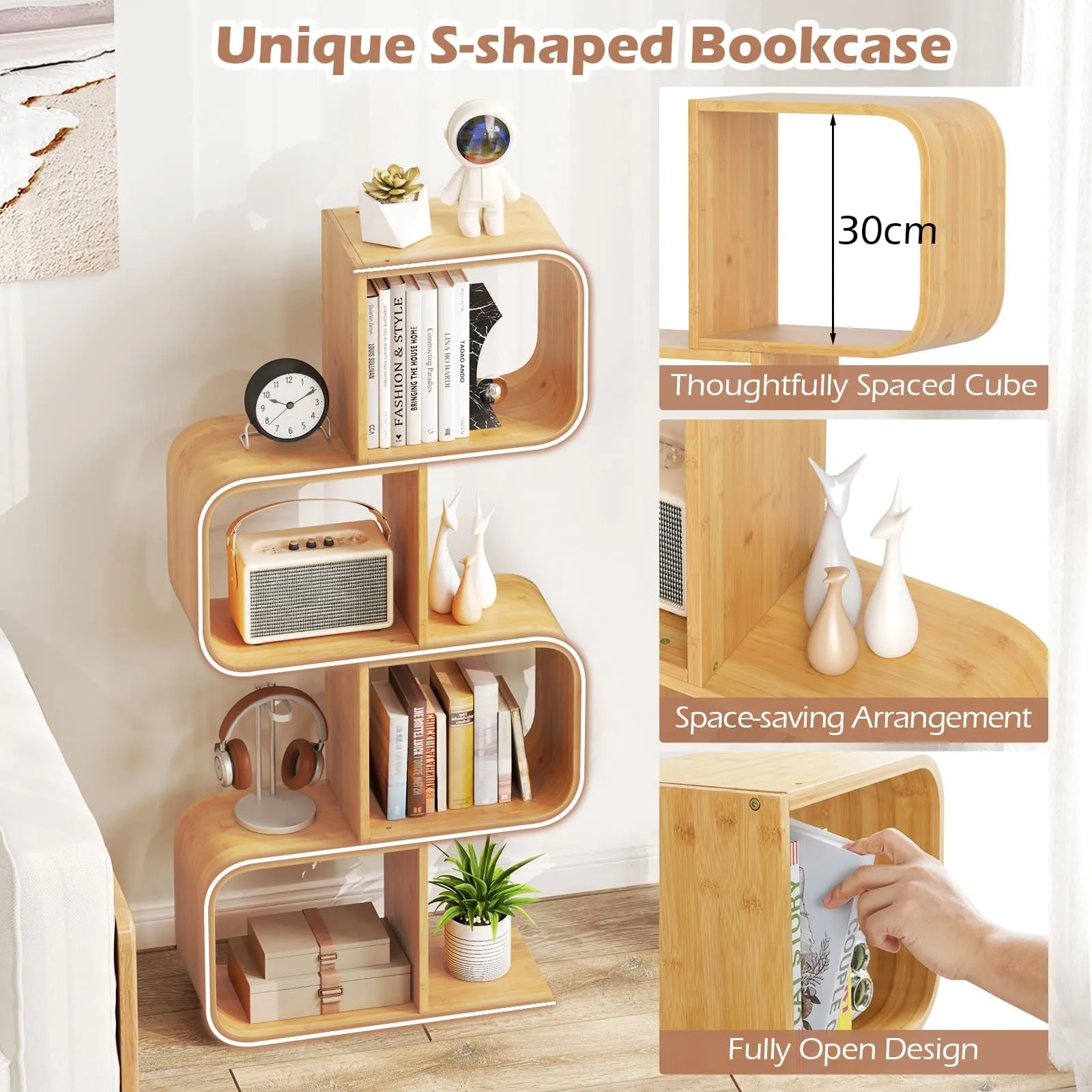Costway 4-Tier S-Shaped Bookcase Bamboo Bookshelf w/4 Open Cubes in Natural 3