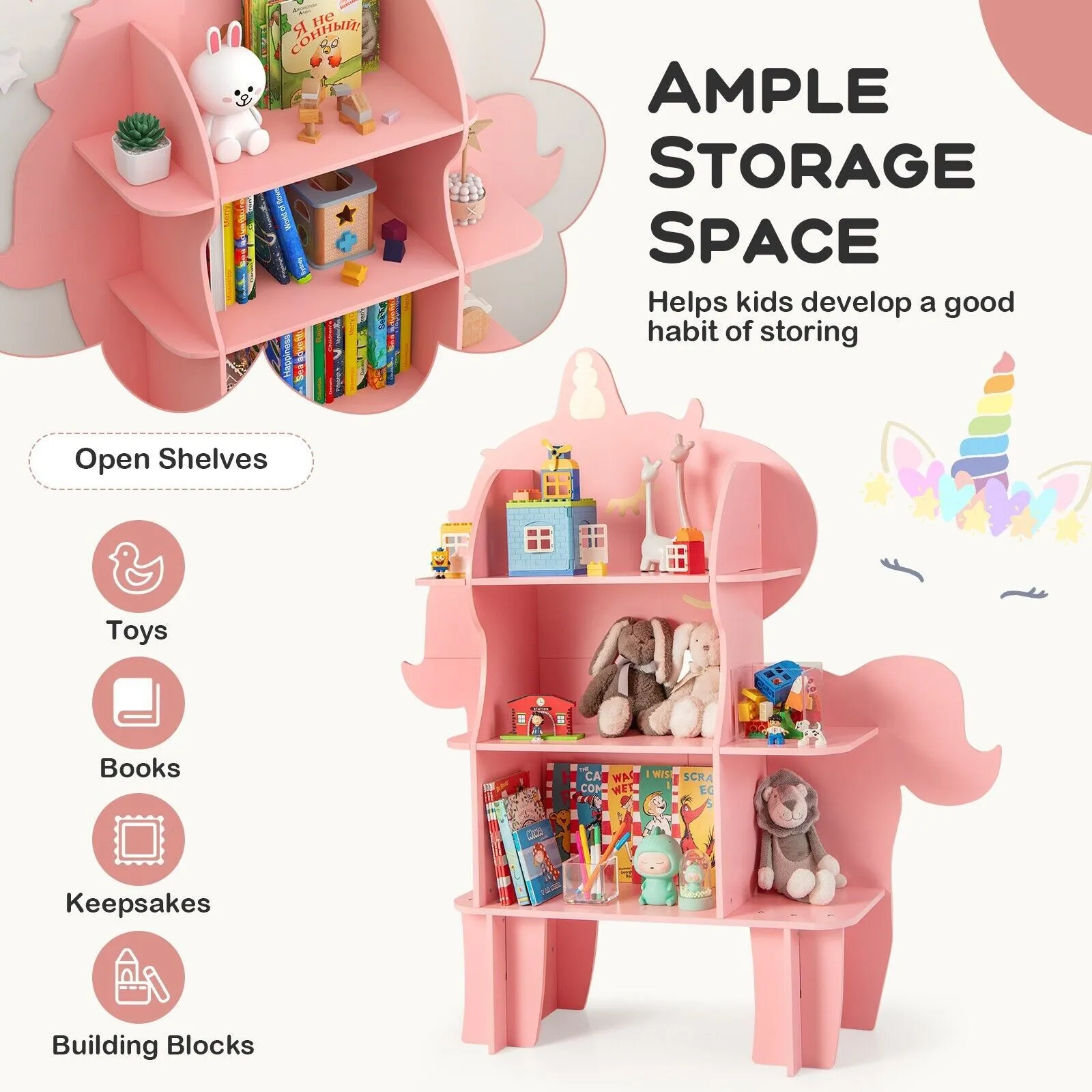 Costway Unicorn Bookcase 3-Tier Toy Storage Organizer Wooden Bookshelf in Pink 6