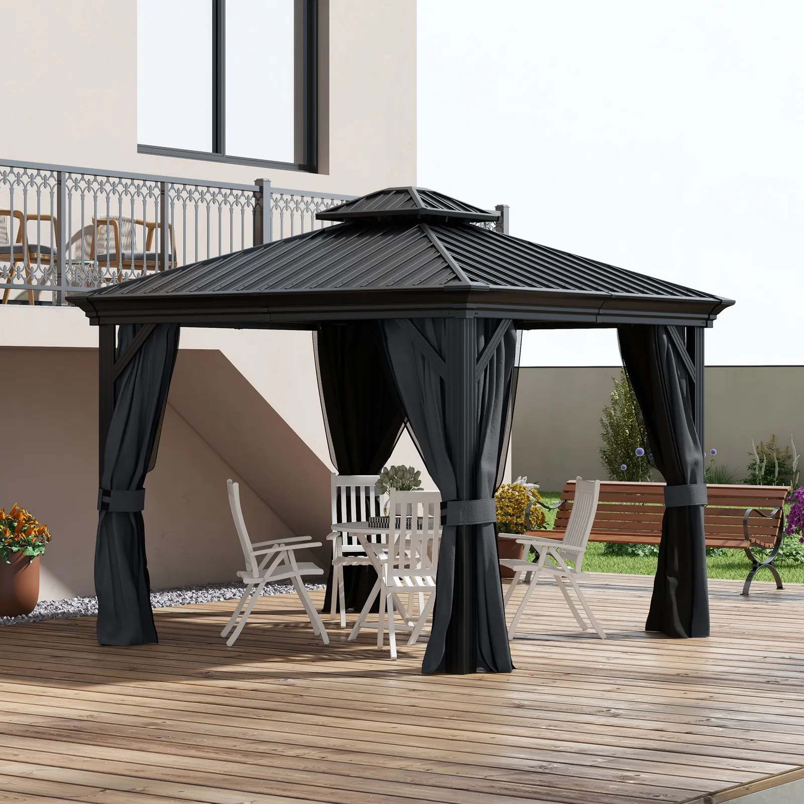 OUTSUNNY 3 x 3.7m Aluminium Outdoor Hardtop Gazebo Canopy 2-Tier Roof in Dark Grey
