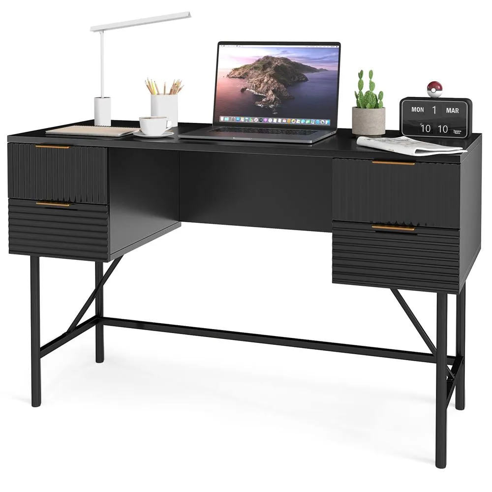 Costway 120cm Home Office Desk Computer Desk w/4 Drawers & Storage-Black in Black