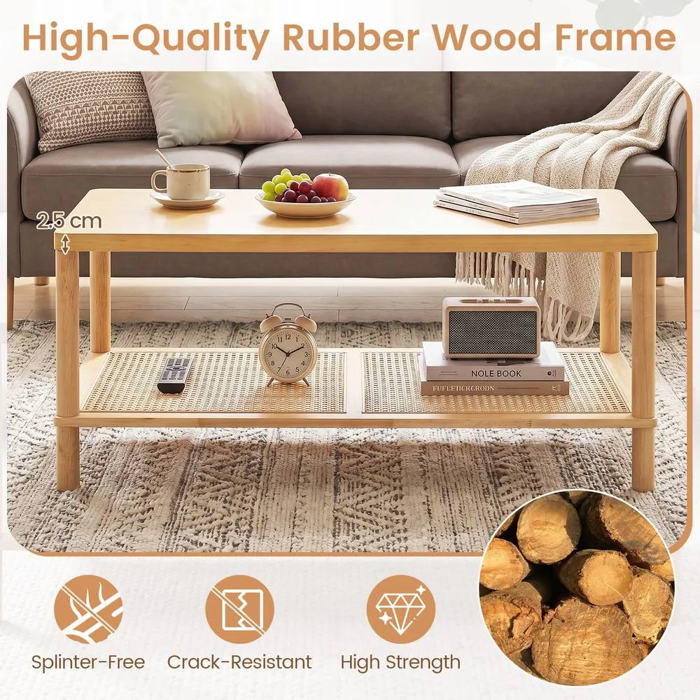 Costway Boho Coffee Table for Living Room Rubber Wood Rectangular Center Table in Natural 6