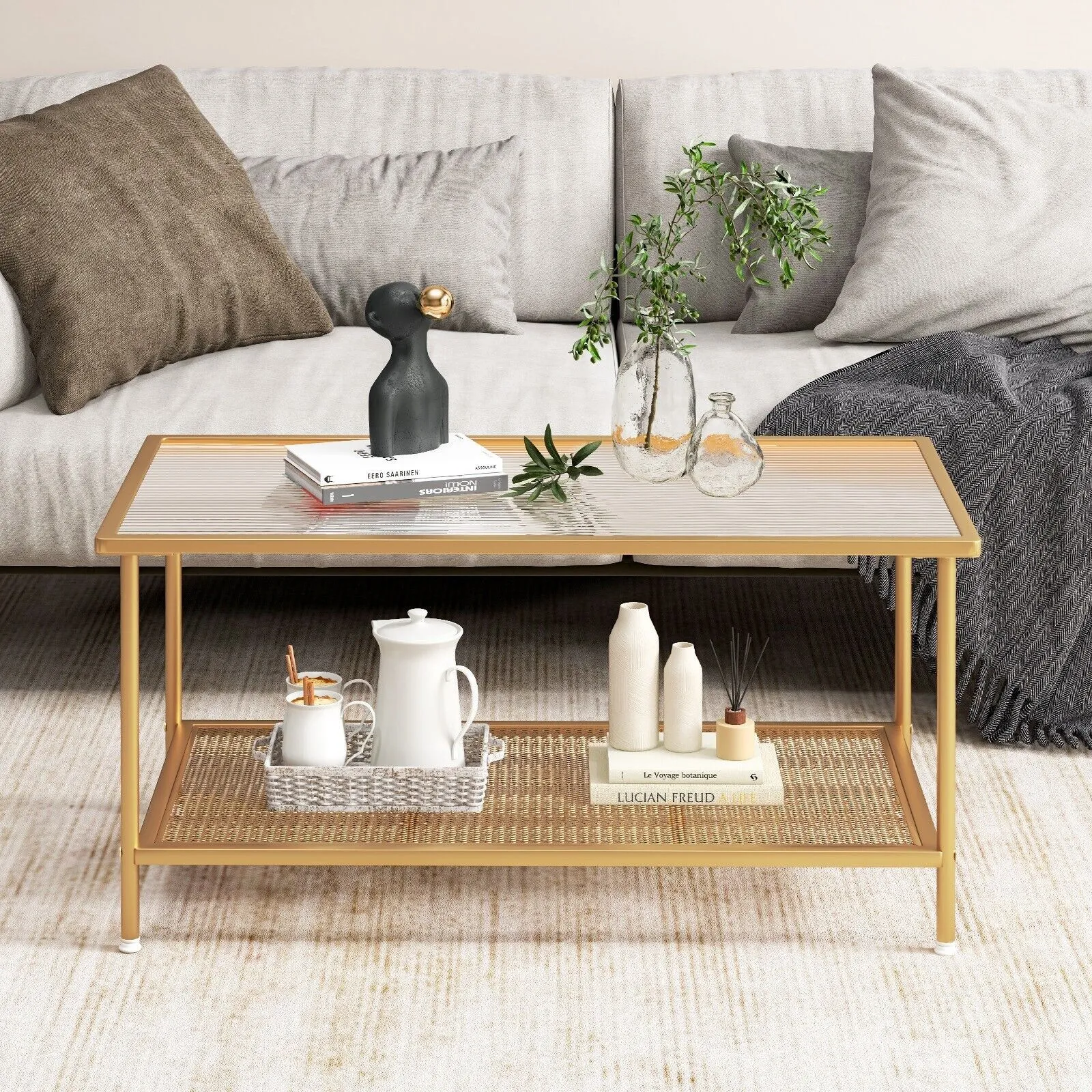 Costway 2-Tier Coffee Table Rectangle Cocktail Accent Table with Tempered Glass Top in Gold 5