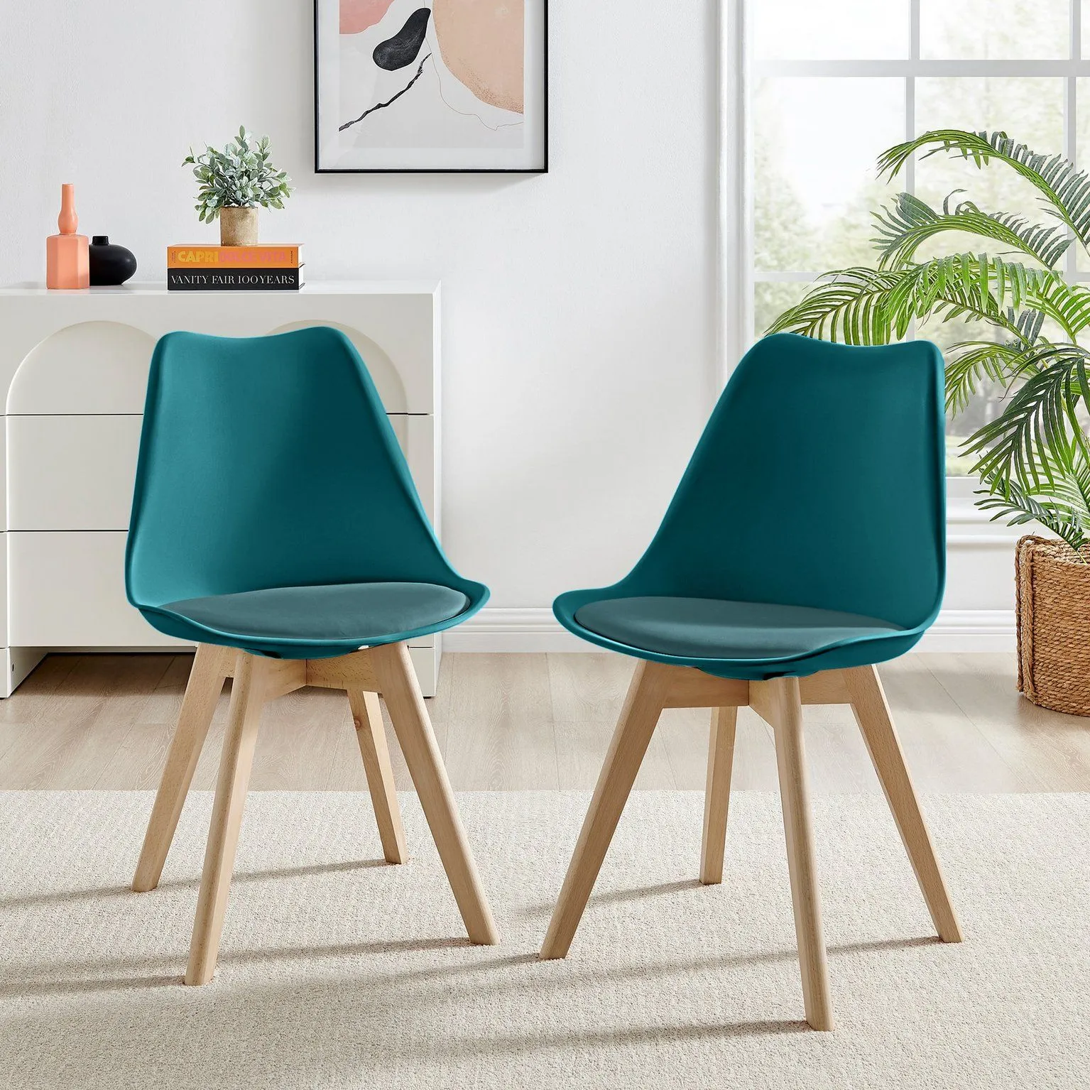 FurnitureboxUK Set of 2 Stockholm Natural Birch Wood Scandi Minimalist Dining Chairs with Faux Leather Cushion in Teal 1