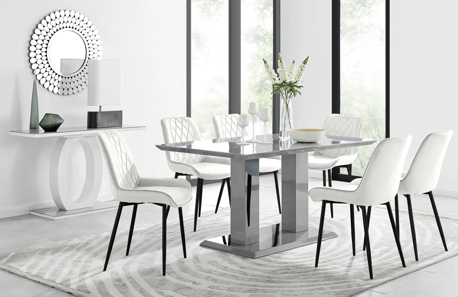 FurnitureboxUK Imperia 6 Grey Dining Table & 6 Pesaro Black Leg Chairs in Cream 1