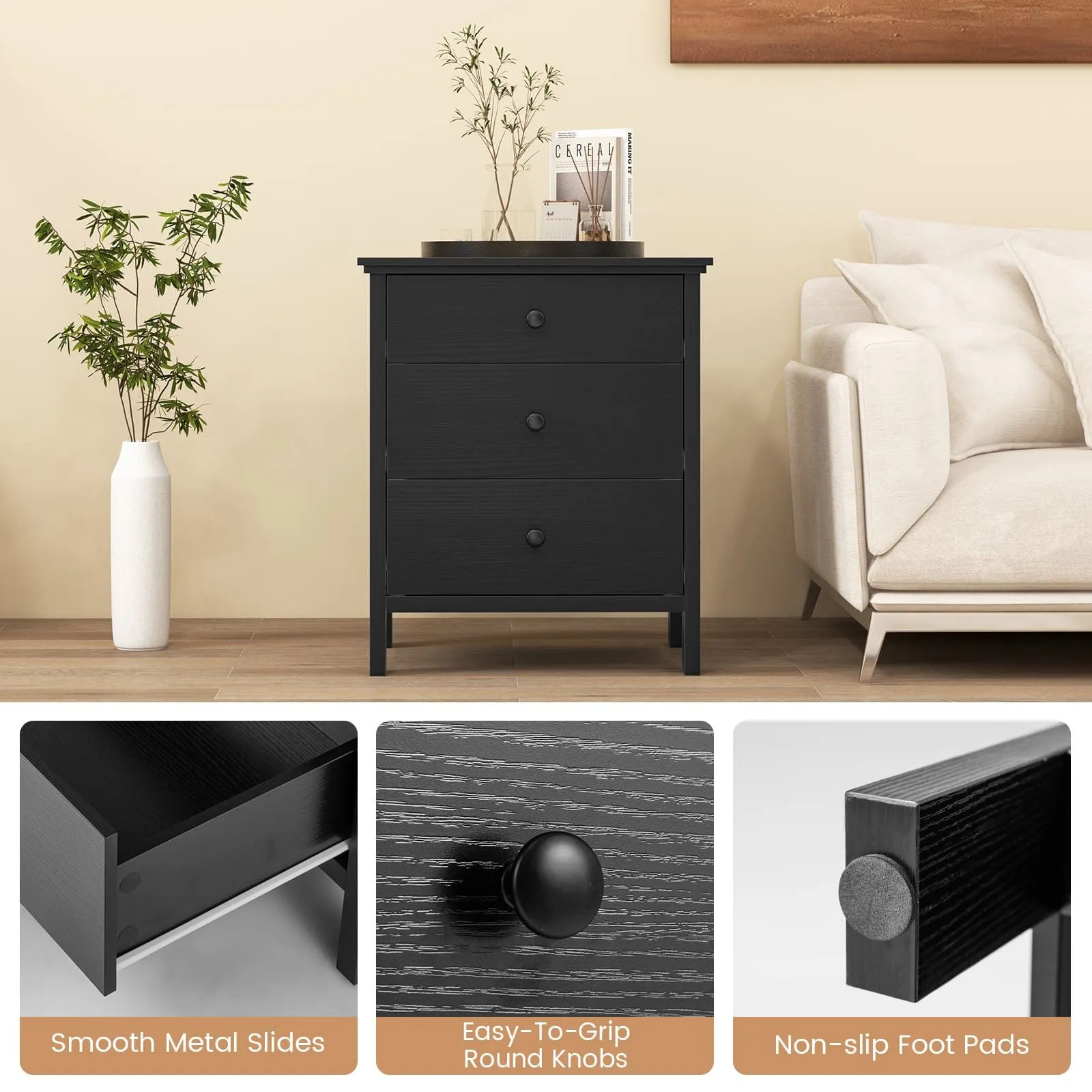 Costway Bedroom Nightstand Compact Storage Chest w/ 3 Drawer-Black in Black 6