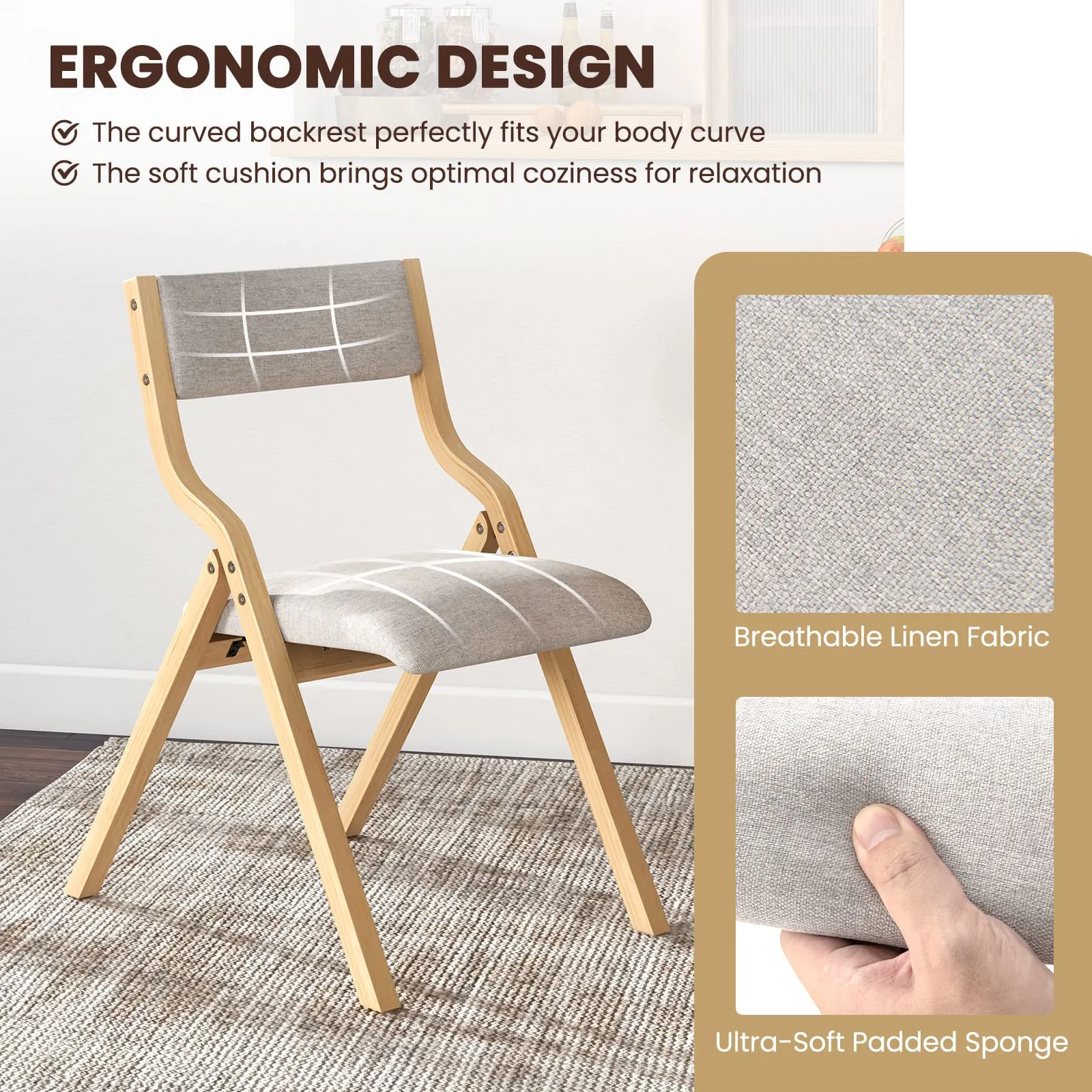Costway Folding Dining Chair Set of 2 Wooden Upholstered Dining Chairs in Grey 6