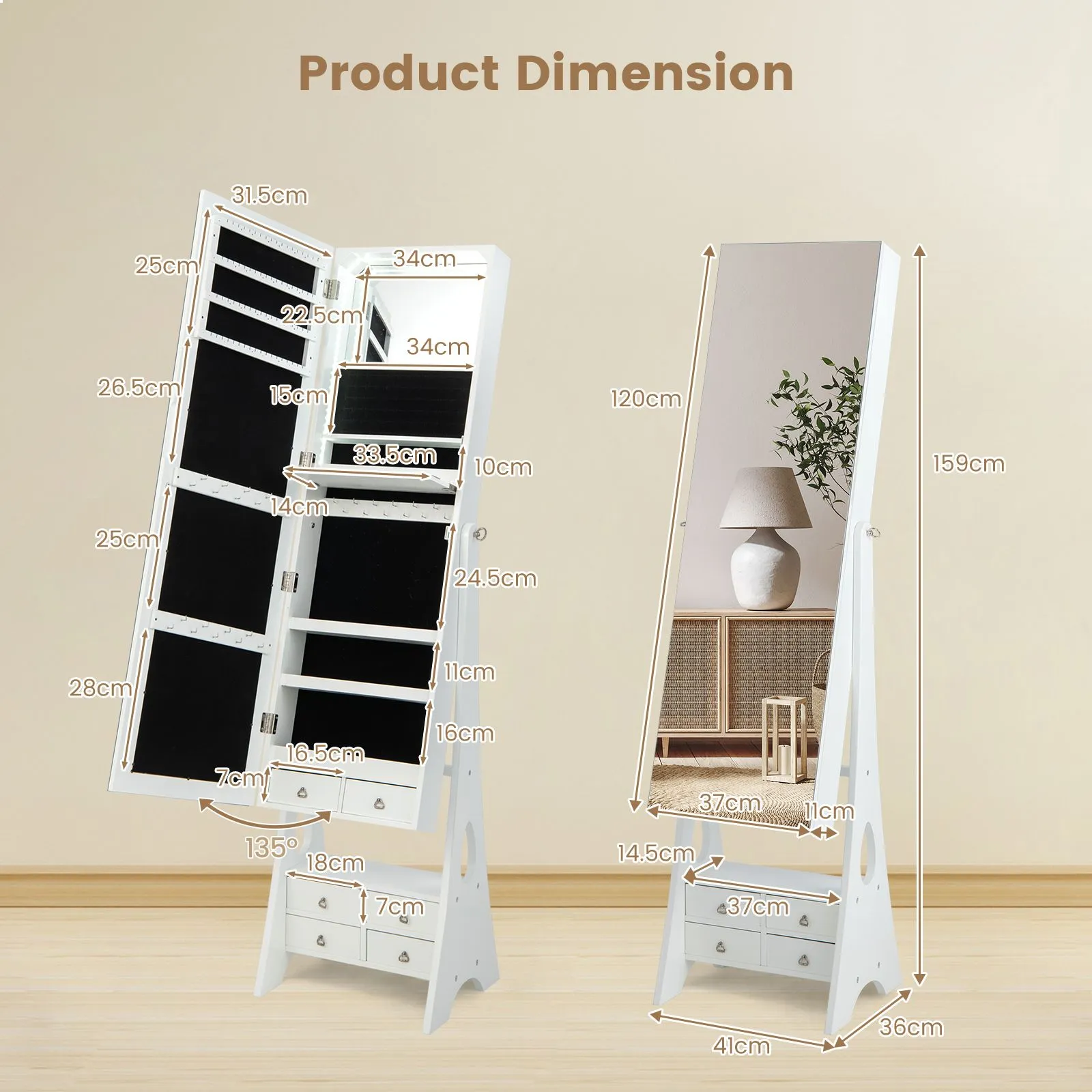 Costway Jewelry Cabinet 3-color LED Lighted Jewelry Organizer Armoire in White 5