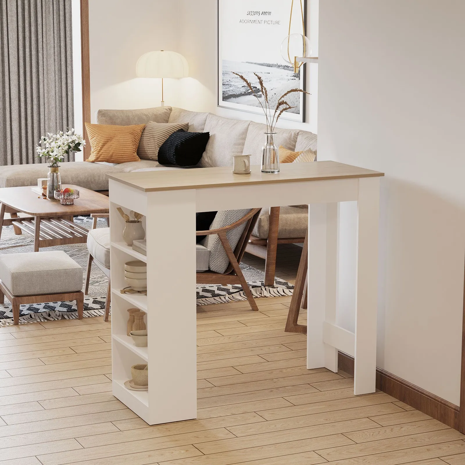 HOMCOM Table Kitchen Dining Table w/ 3-Tier Storage Shelf Living Room in Natural 1