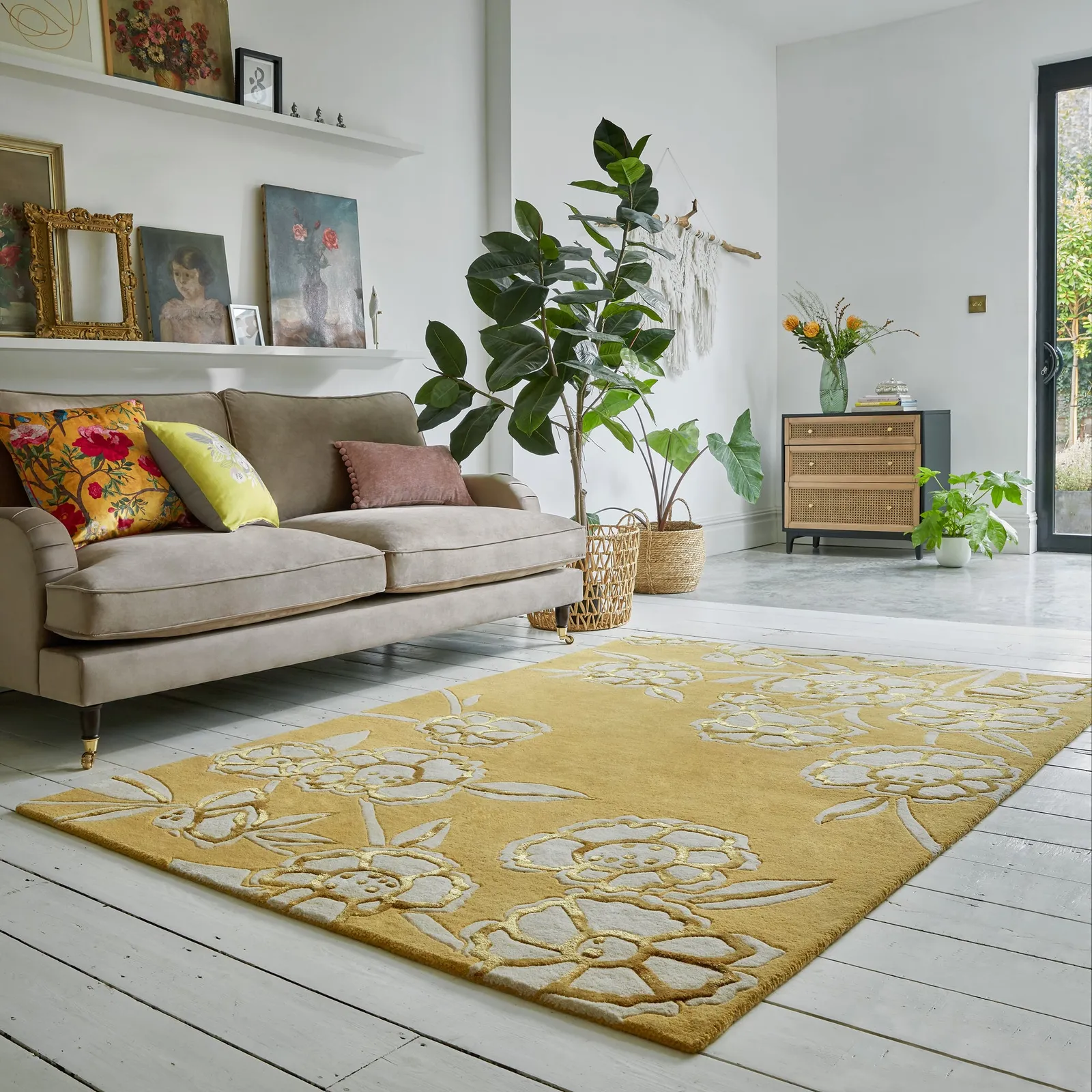 Fleur Floral Wool Mix Rug Yellow