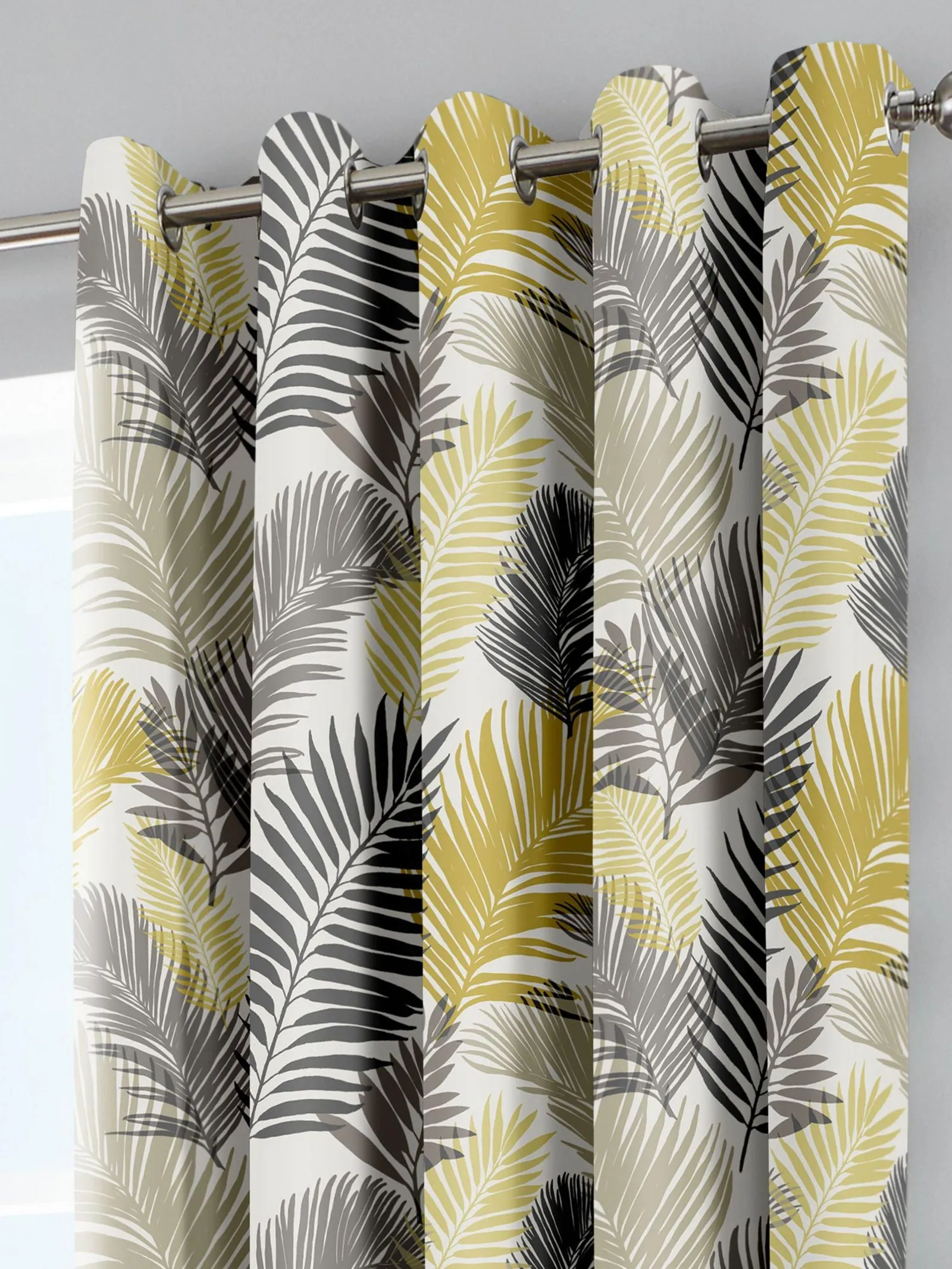 Fusion 'Tropical' Exotic Palm Leaf Print 100% Cotton Eyelet Curtains in Yellow 2
