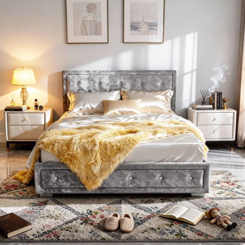 Comfy Living Ltd Fabric Silver Crushed Velvet Dimante Bedframe 2