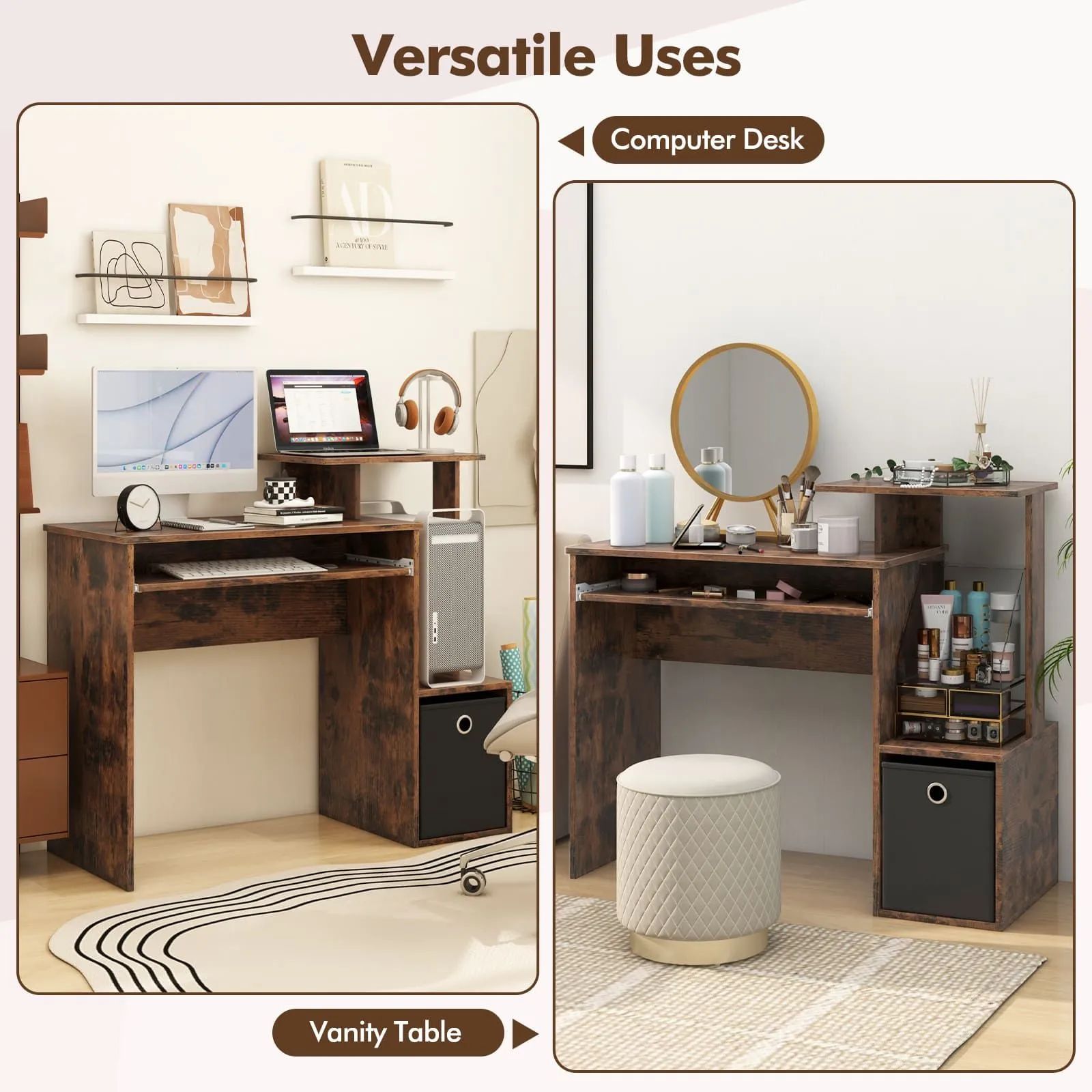 Costway Space-saving Computer Desk with Open Shelf & Fabric Storage Drawer in Brown 5
