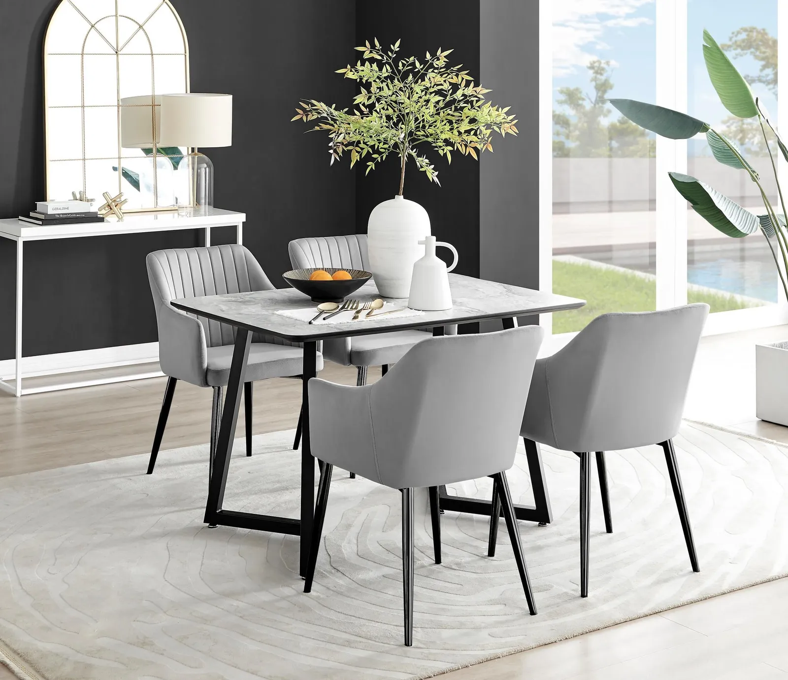 FurnitureboxUK Carson White Marble Effect Dining Table & 4 Calla Black Leg Chairs in Grey 1