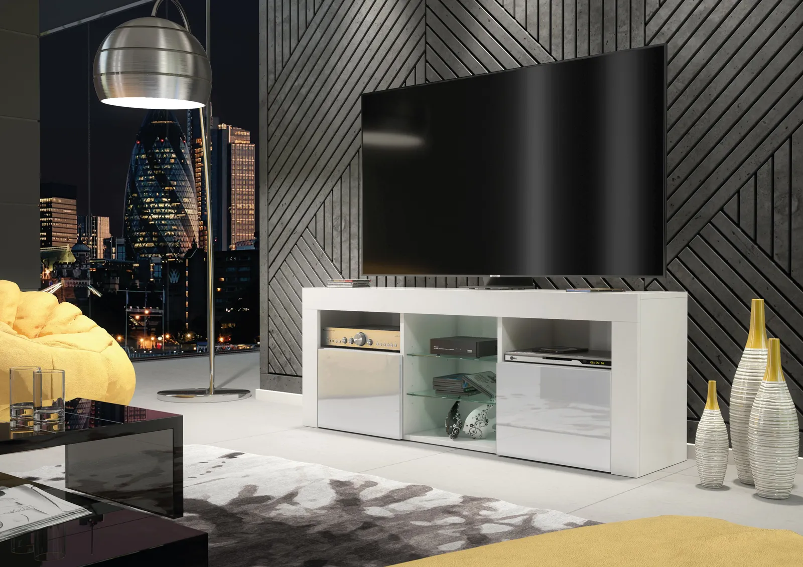 Creative Furniture TV Unit 145cm Modern - White with High Gloss Grey Doors 2