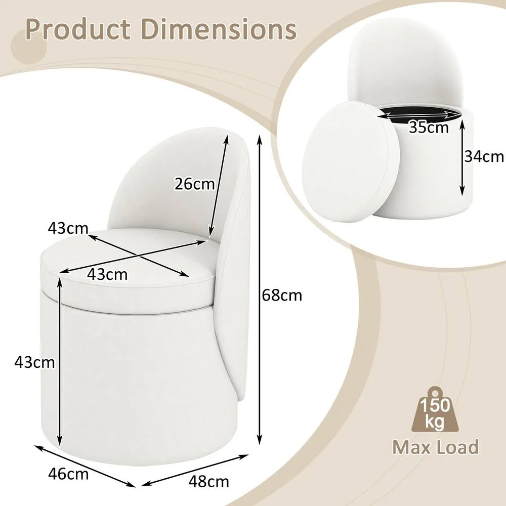 Costway 38 L Storage Ottoman Faux Velvet Vanity Stool with Backrest in White 2