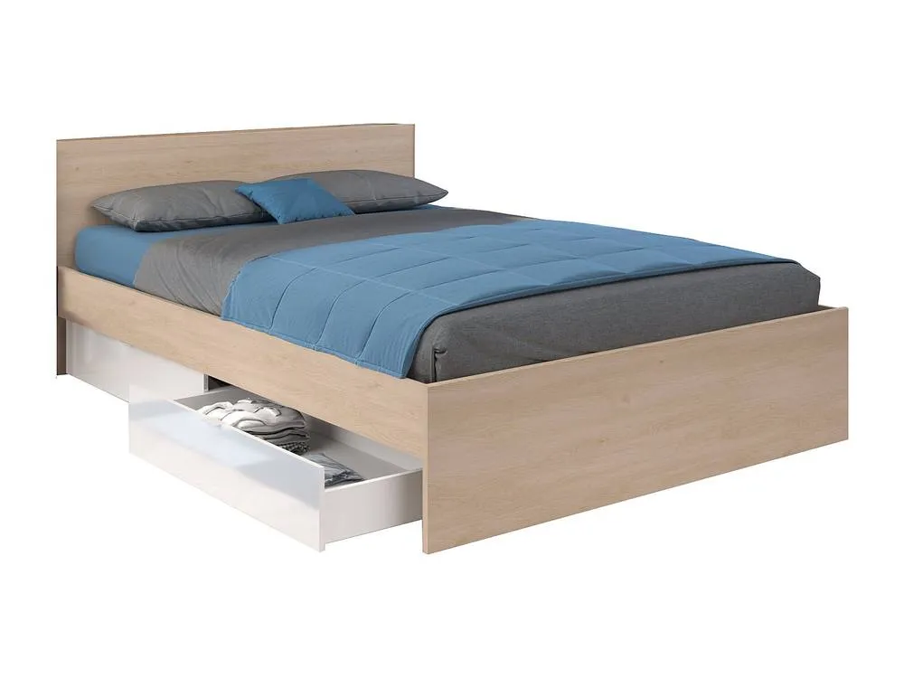 Vente-unique Bed With 2 Drawers 160 X 200 Cm - Colours: Natural & Shiny White in Light Oak