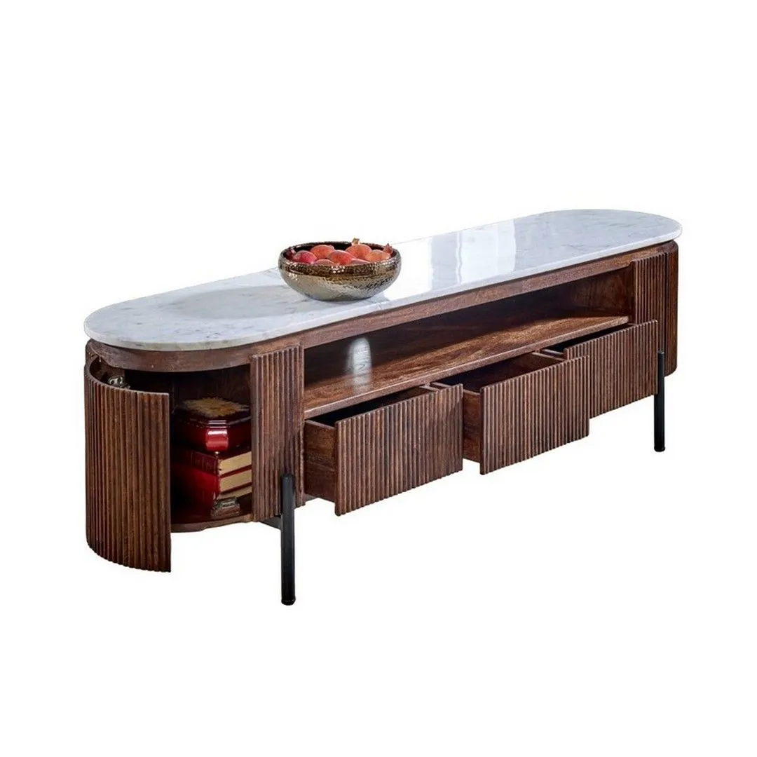 Indian Hub Opal Large TV Stand with Marble Top & Metal Legs - L40 x W170 x H50 cm in Brown