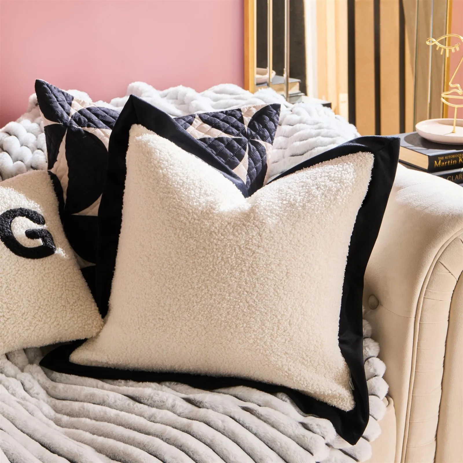 OHS 2 Pack Oxford Edge Boucle Square Cushion Covers, White/Black in White