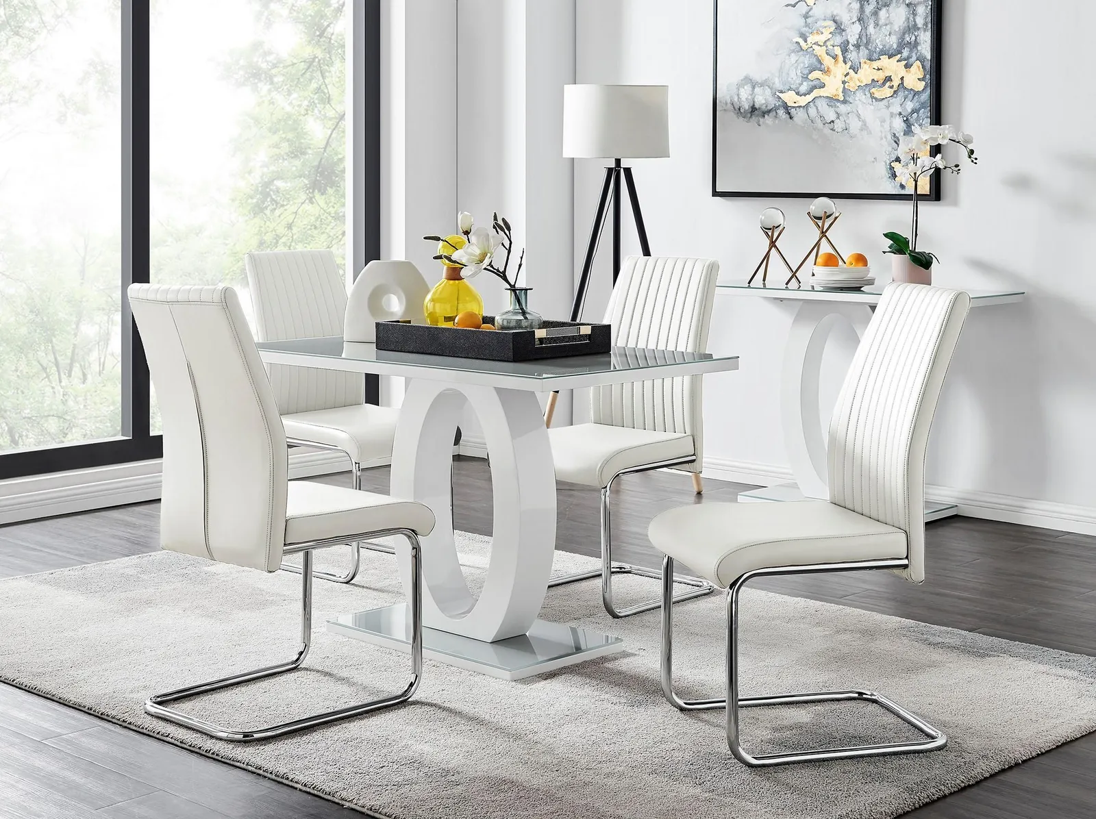 FurnitureboxUK Giovani Grey White Modern High Gloss & Glass Dining Table & 4 Lorenzo Chairs Set in Off-White 1