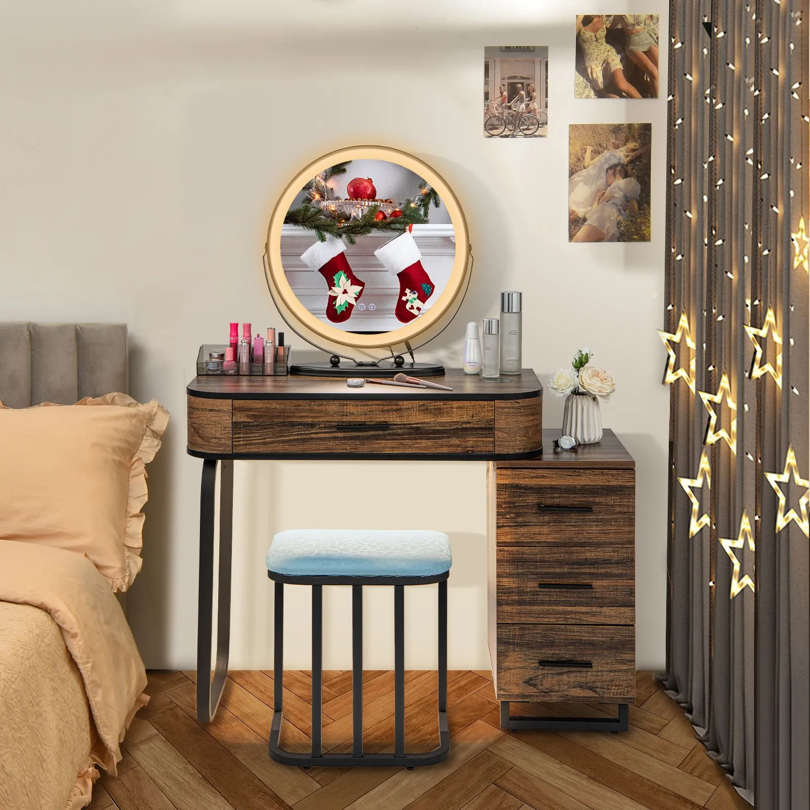 Costway Dressing Table Vanity Set Makeup Stool with Charging Station & 3 Color Lighted Swivel Mirror & 3 Drawer Chest in Brown 4